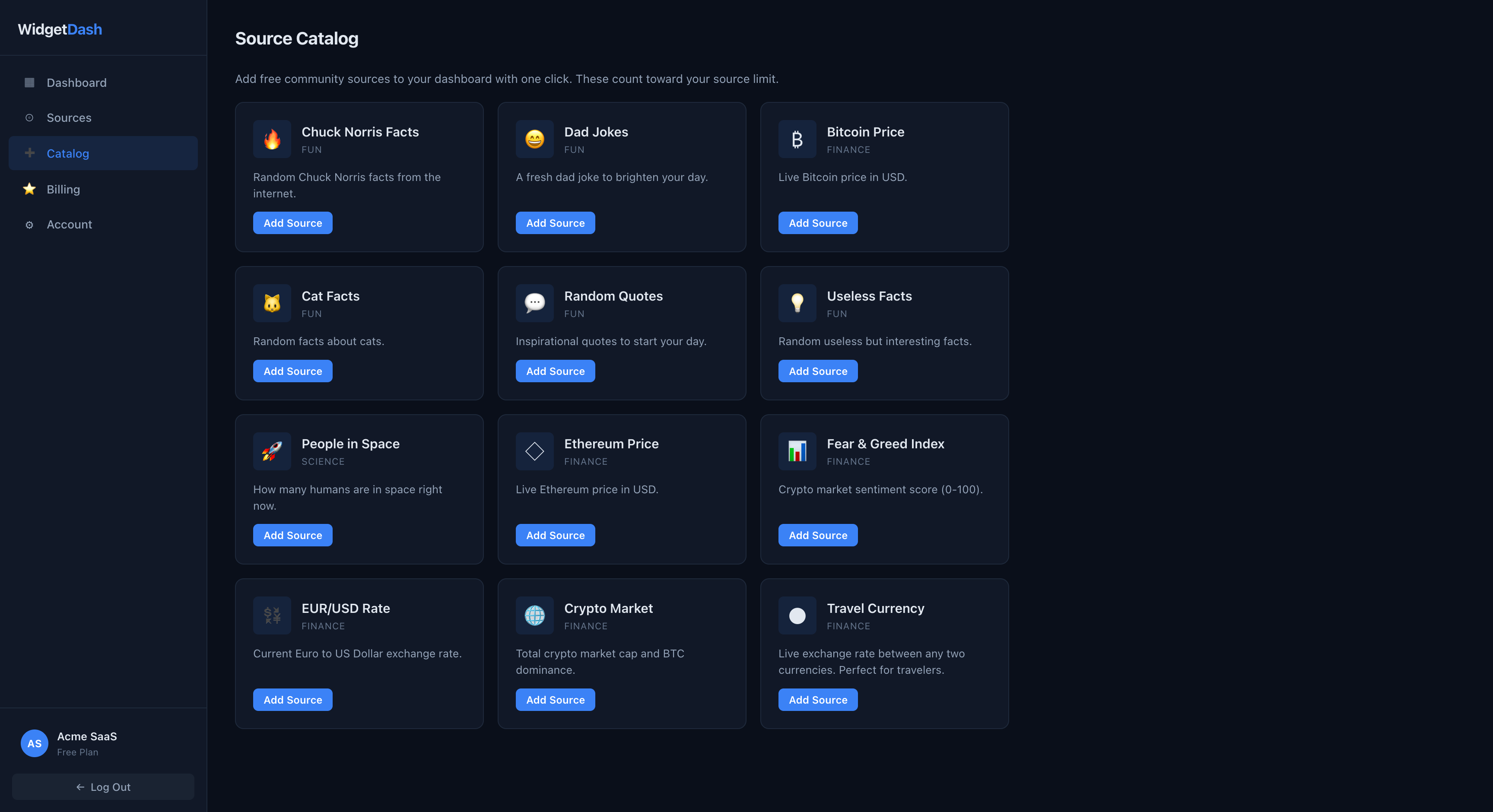 Source catalog of pre-built sources