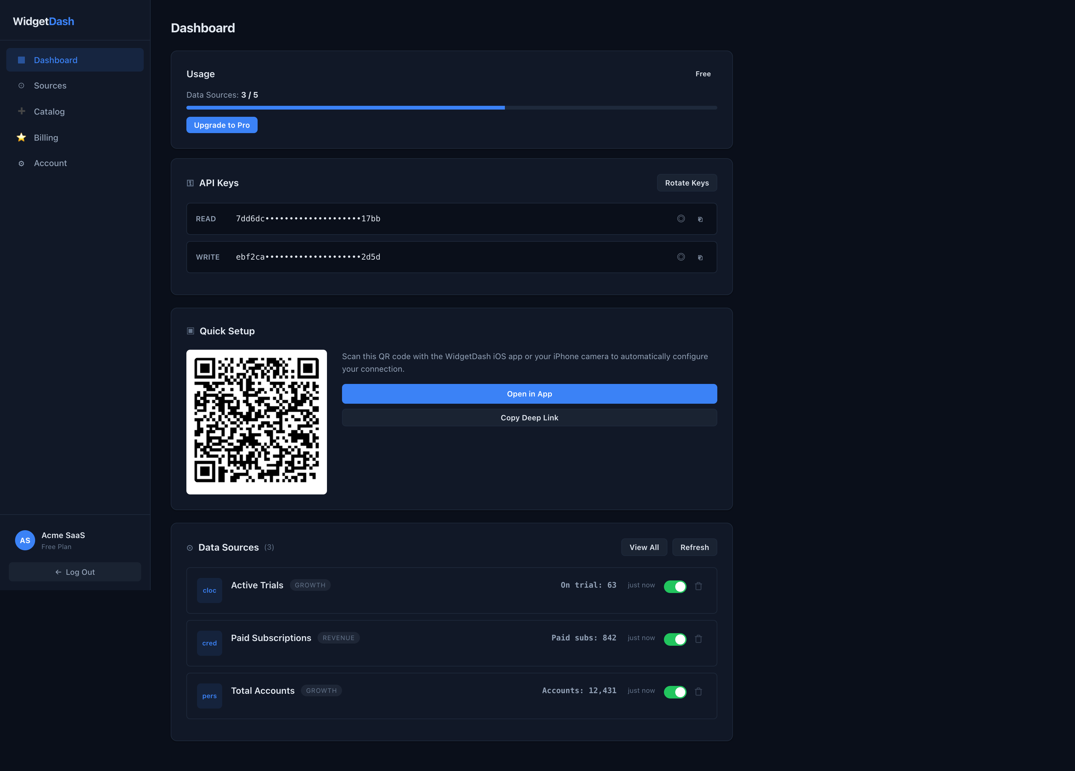 WidgetDash dashboard showing custom sources