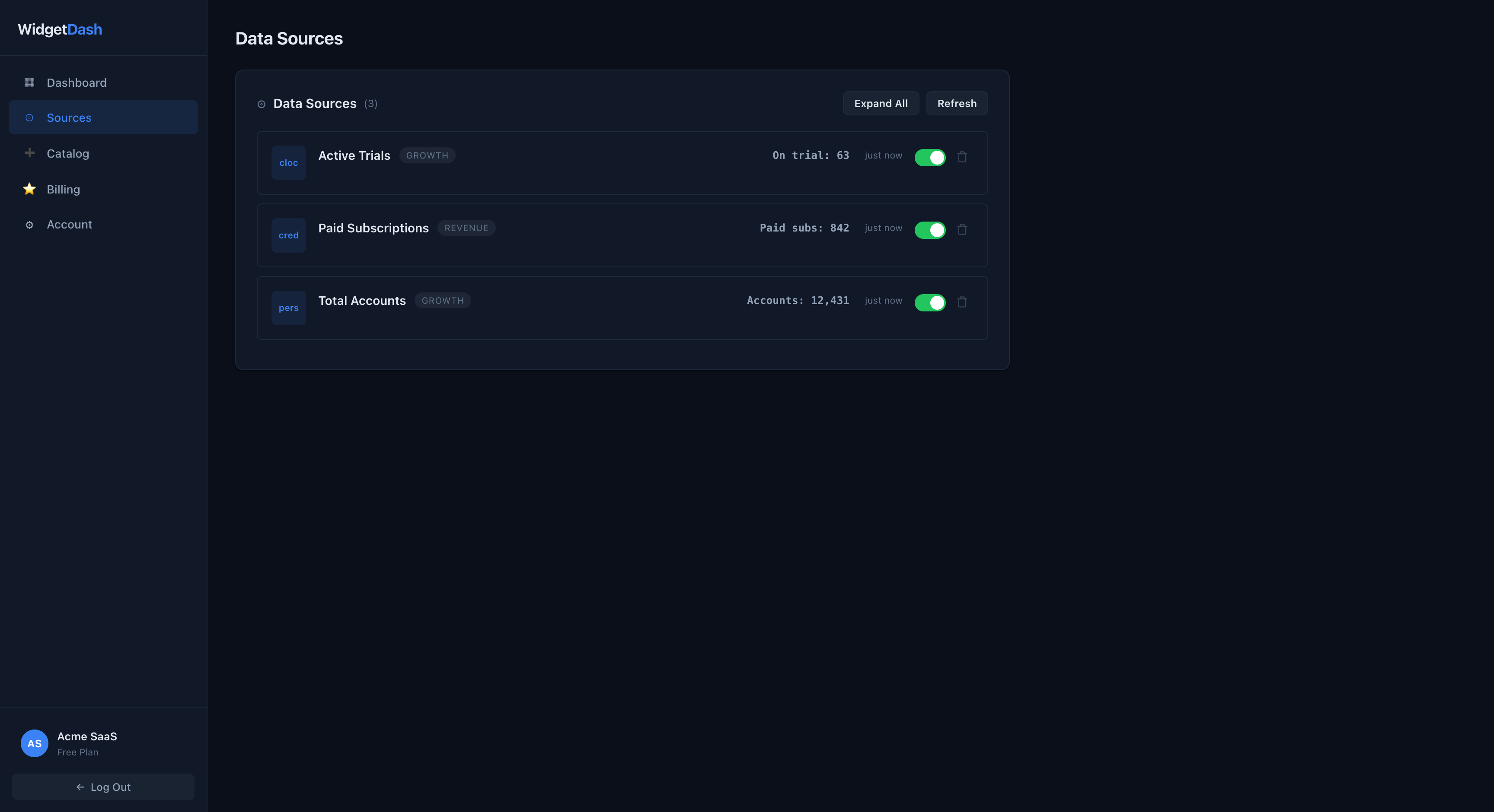 Sources list in the dashboard